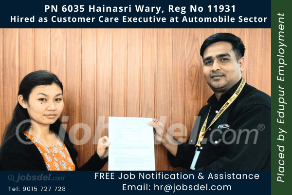Hainasri Wary Hired as Customer Care Executive at Automobile Sector