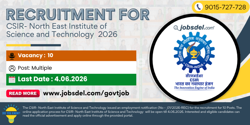 Recruitment For CSIR- North East Institute of Science and Technology 2026