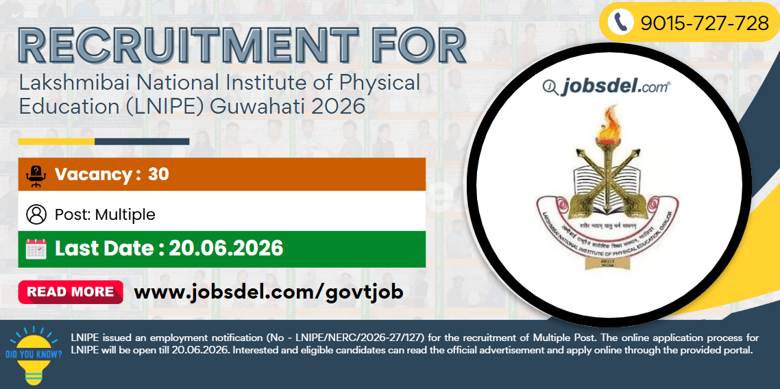 Recruitment for Lakshmibai National Institute of Physical Education (LNIPE) Guwahati 2026