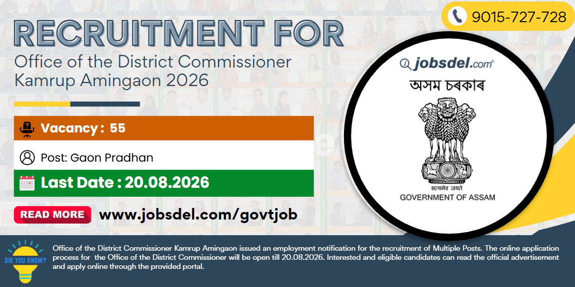 Recruitment for the Office of the District Commissioner Kamrup : Amingaon (Land Revenue Branch) Assam 2026